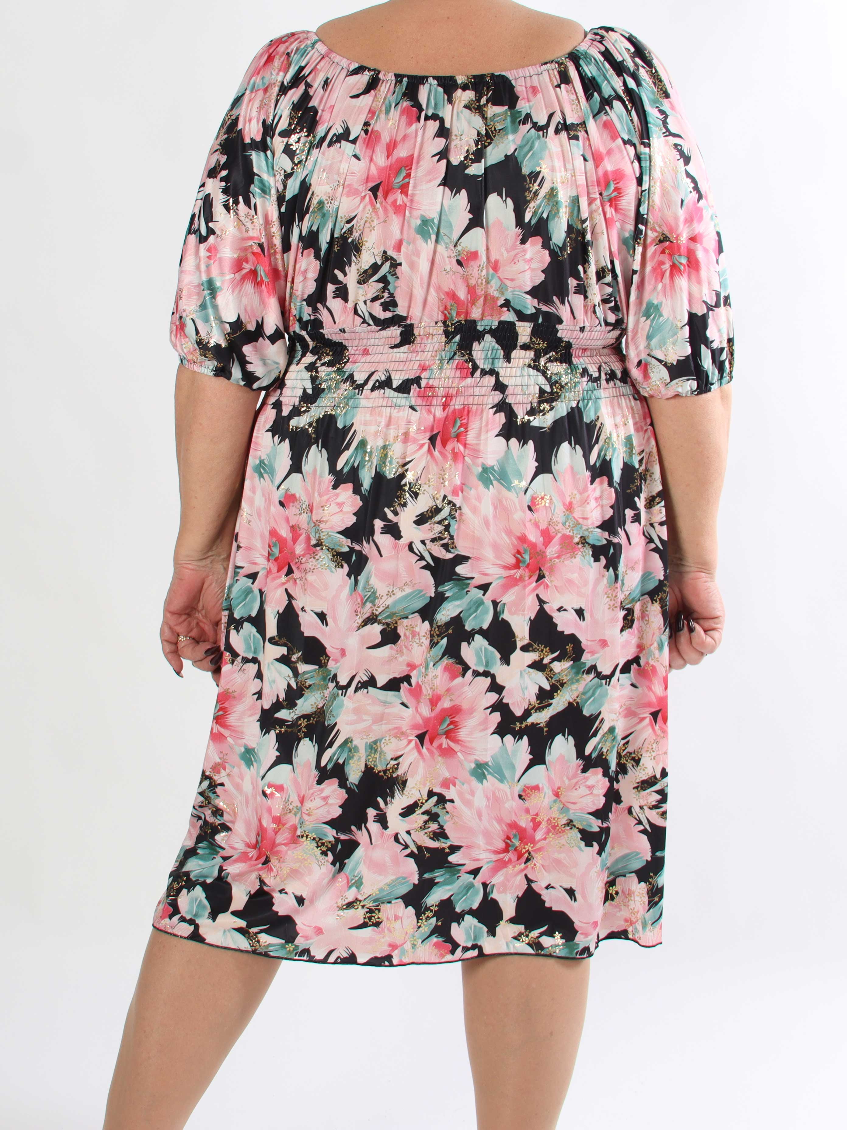 Cora Flower Midi - Elastisk blomstret plus size kjole med guld print